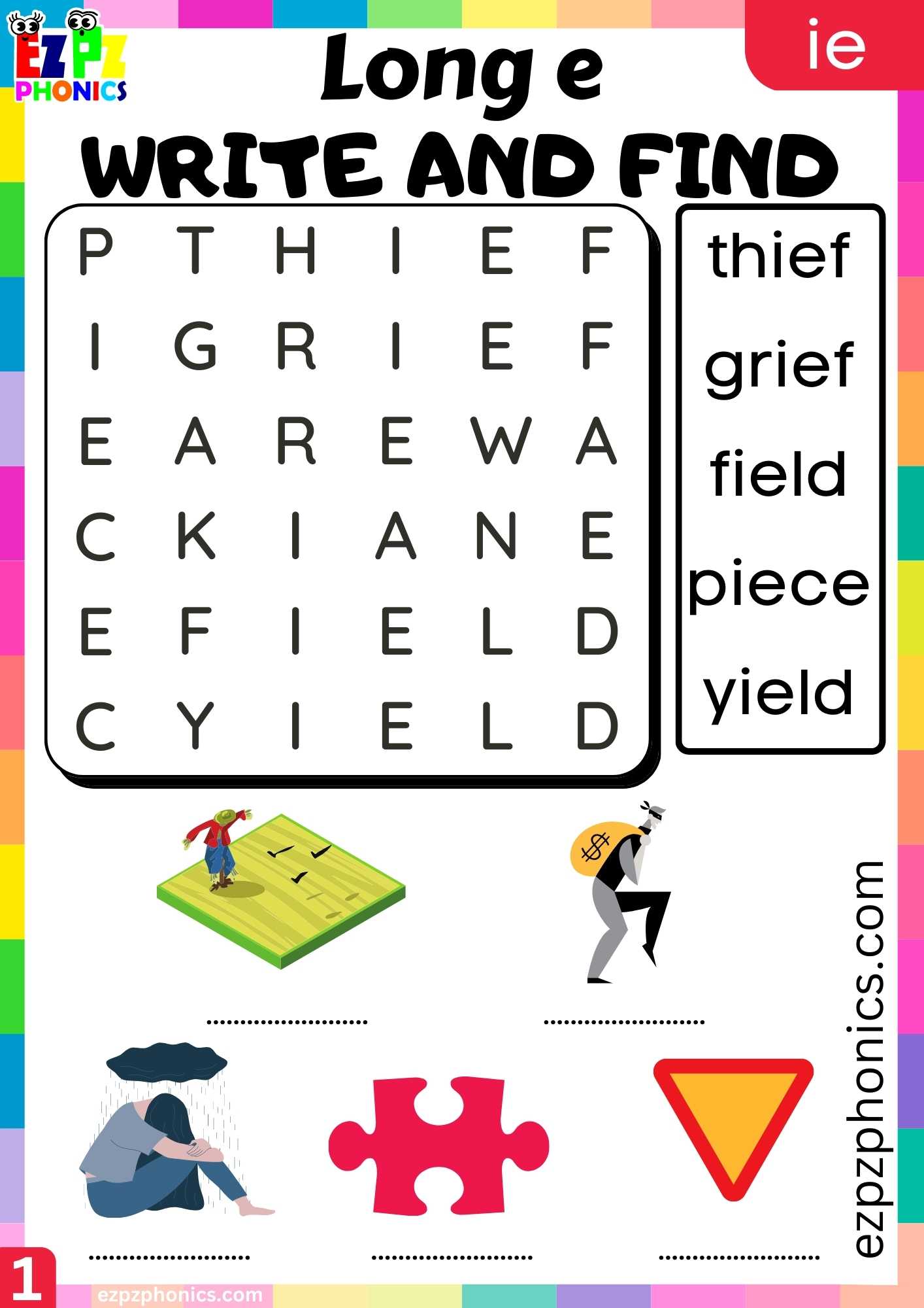 IE Words Write And Find Long E Phonics Worksheet